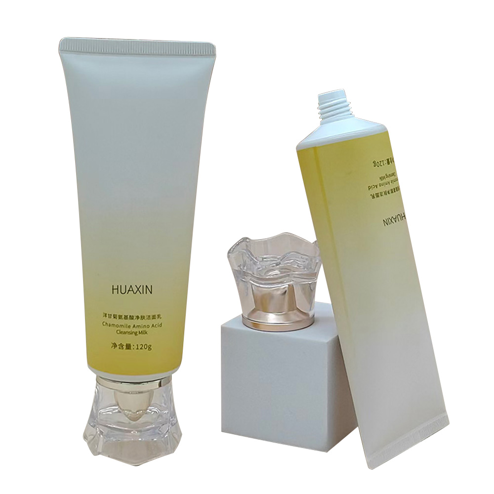 Guangzhou Huaxin custom acrylic cap 120g PE hose facial cleanser empty bottle cosmetic packaging